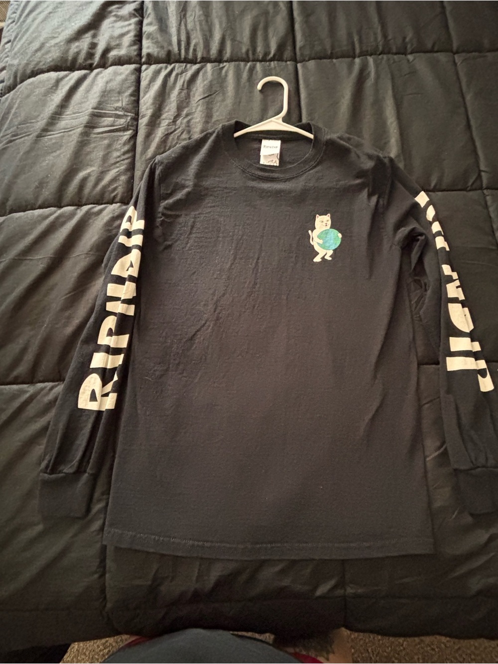 Ripndip Black Long Sleeve Tee with Green Globe Cat Graphic